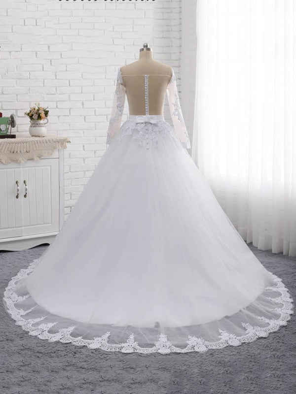 Elegant Long Sleeves Lace Covered Button Ball Gown Wedding Dresses
