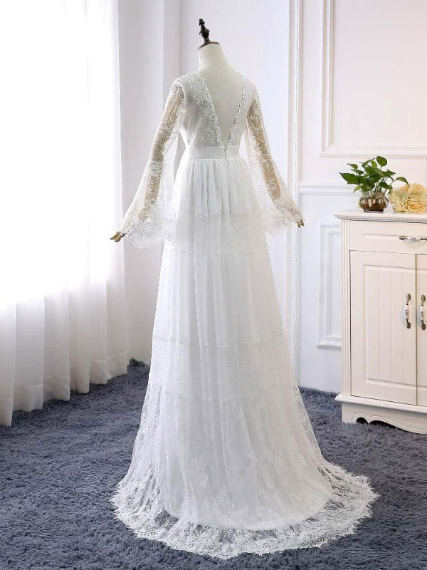 Elegant Long Sleeves V-Neck Tulle Wedding Dresses