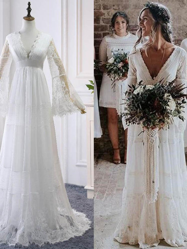 Elegant Long Sleeves V-Neck Tulle Wedding Dresses