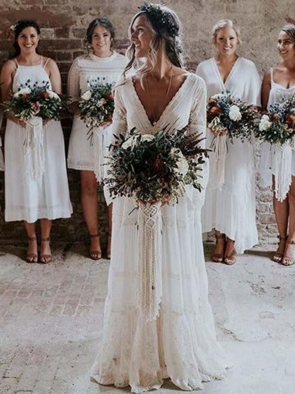 Elegant Long Sleeves V-Neck Tulle Wedding Dresses