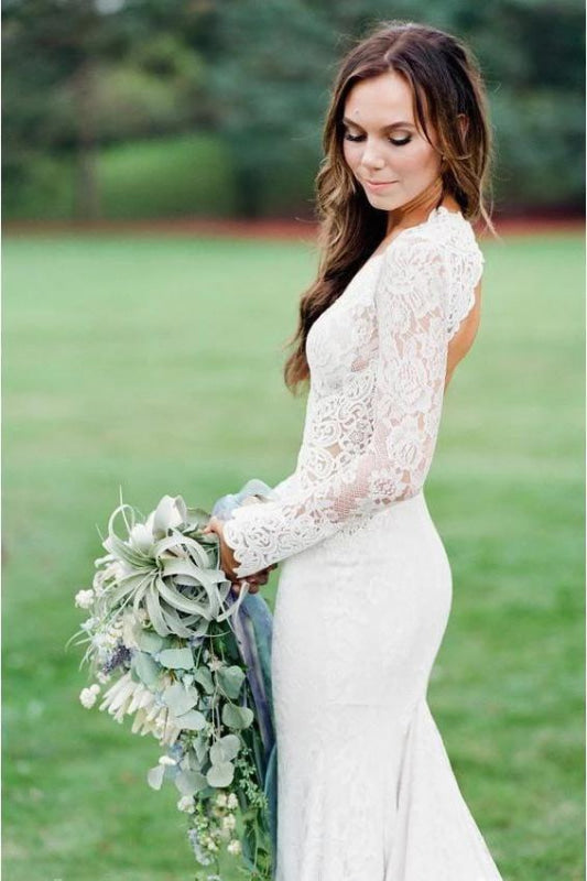 Elegant Mermaid Backless Long Sleeve Lace Wedding Dress