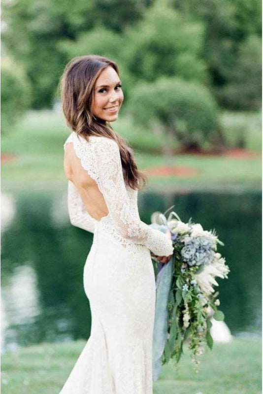 Elegant Mermaid Backless Long Sleeve Lace Wedding Dress