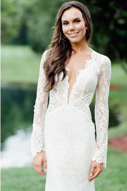 Elegant Mermaid Backless Long Sleeve Lace Wedding Dress