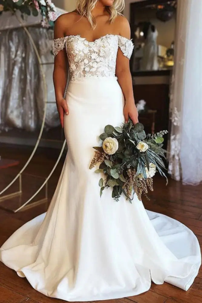 Elegant Off Shoulder Mermaid White Lace Long Wedding Dresses Formal Dresses