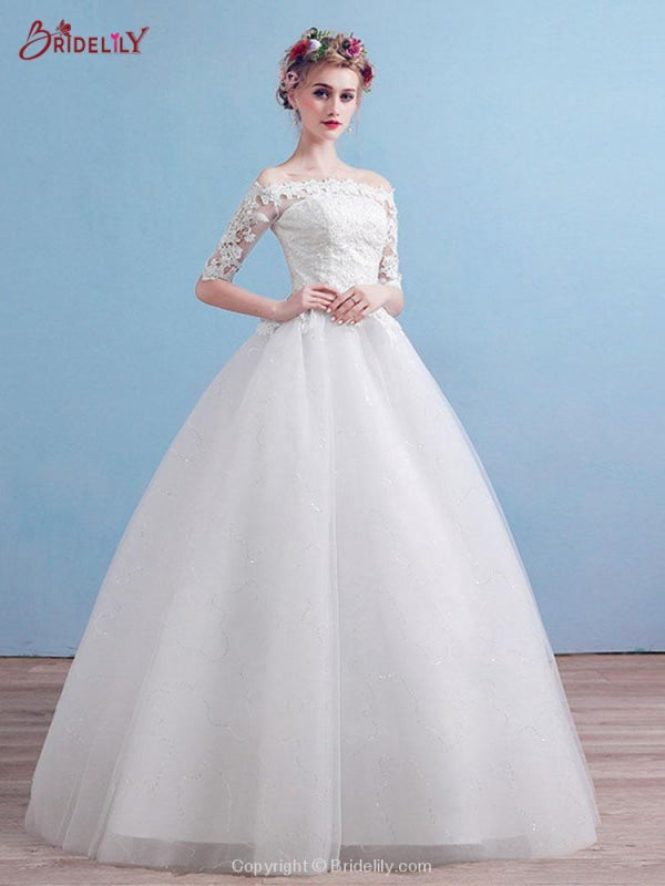 Elegant Off-the-Shoulder Long Sleeves Lace Ball Gown Wedding Dresses