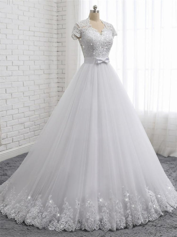 Elegant Short Sleeves Lace Beaded Tulle Wedding Dresses