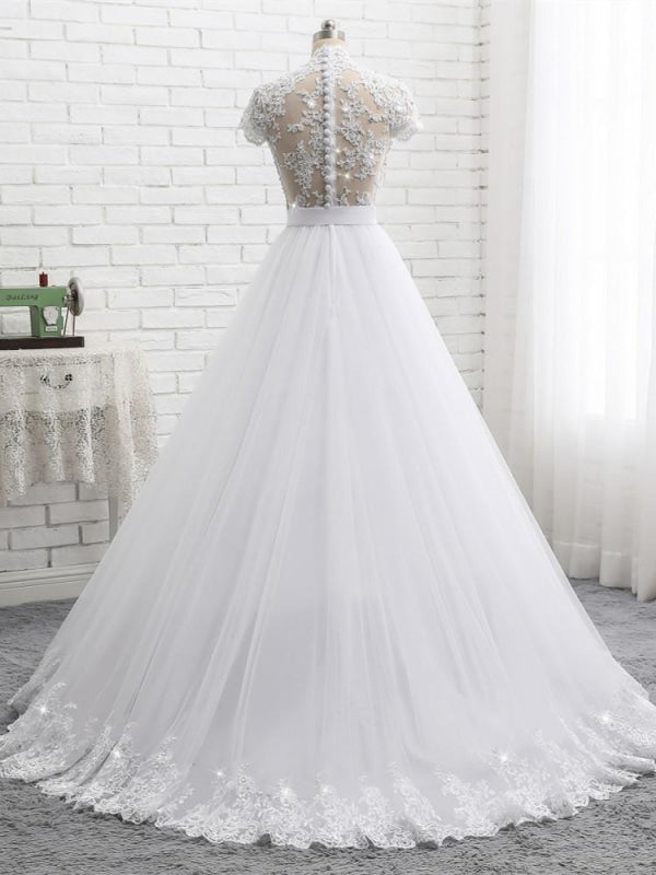 Elegant Short Sleeves Lace Beaded Tulle Wedding Dresses