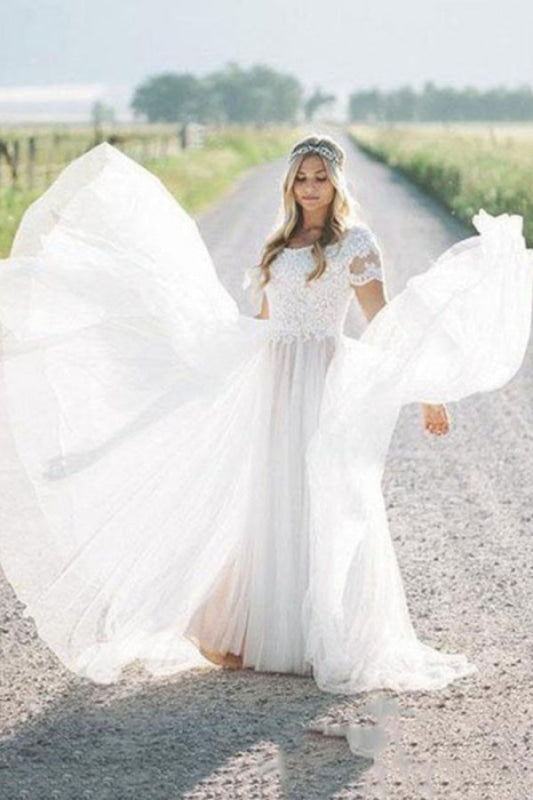 Elegant Short Sleeves Lace Tulle Wedding Dresses
