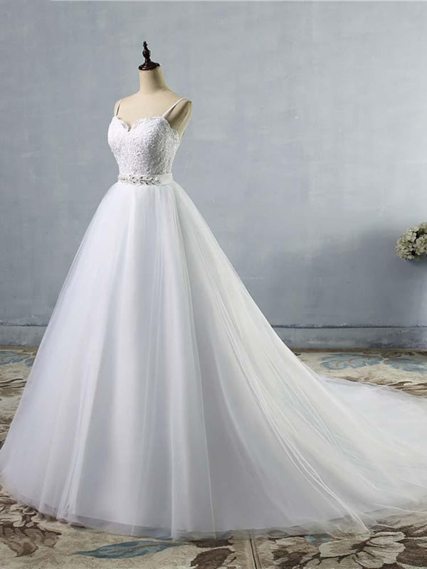 Elegant Spaghetti-Strap Lace Sashes Tulle Wedding Dresses