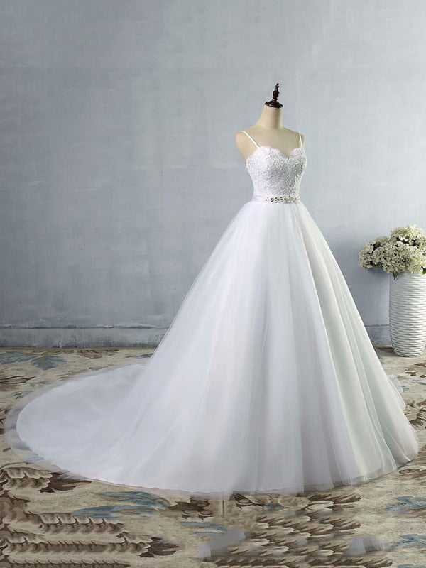 Elegant Spaghetti-Strap Lace Sashes Tulle Wedding Dresses