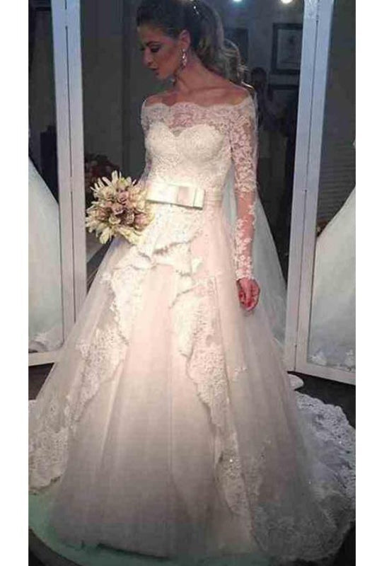 Elegant Tulle Lace Off-the-shoulder Long Sleeve Wedding Dress