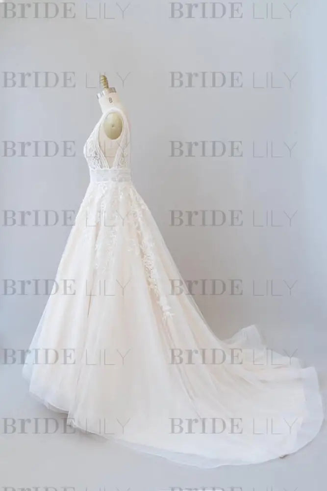 Elegant V-neck Appliques Tulle A-line Wedding Dress Sleeveless