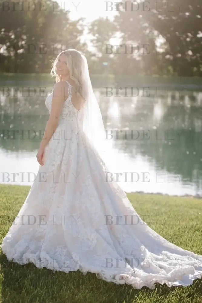 Elegant V-neck Ivory Aline Wedding Dress Sleeveless Tulle Lace Bridal Dress
