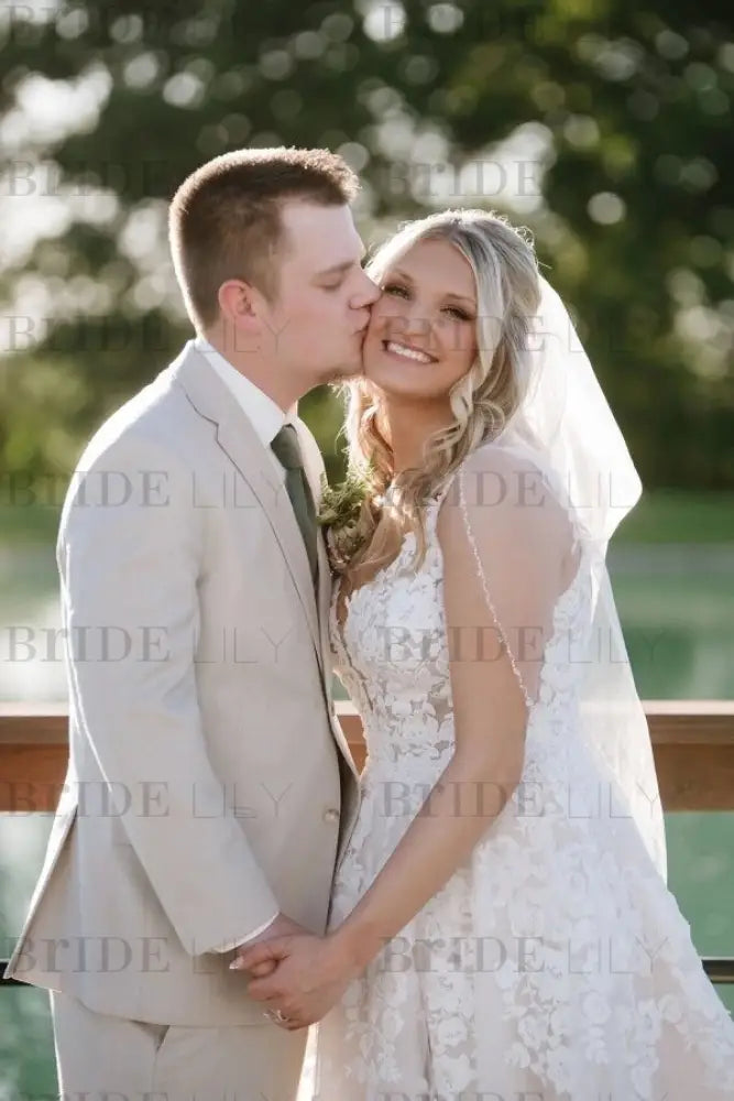 Elegant V-neck Ivory Aline Wedding Dress Sleeveless Tulle Lace Bridal Dress
