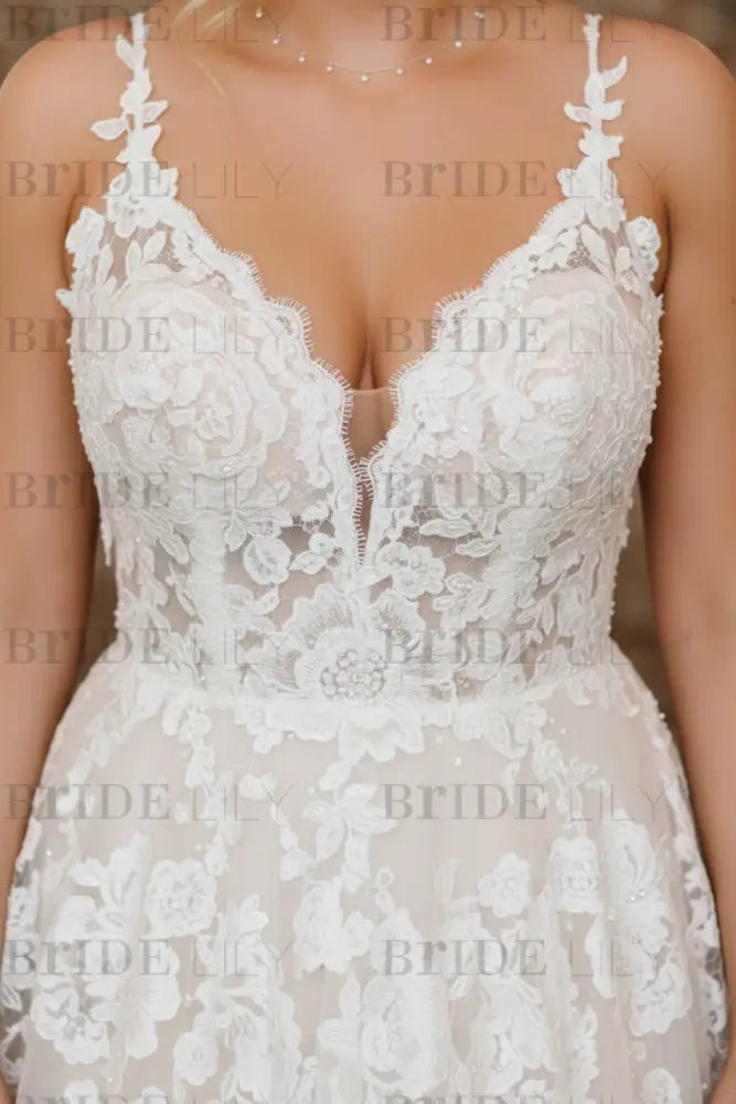 Elegant V-neck Ivory Aline Wedding Dress Sleeveless Tulle Lace Bridal Dress