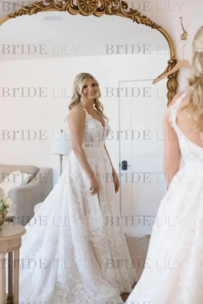 Elegant V-neck Ivory Aline Wedding Dress Sleeveless Tulle Lace Bridal Dress