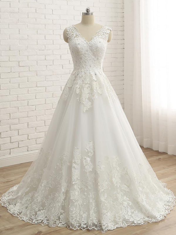 Elegant V-Neck Lace Ball Gown Wedding Dresses Aline