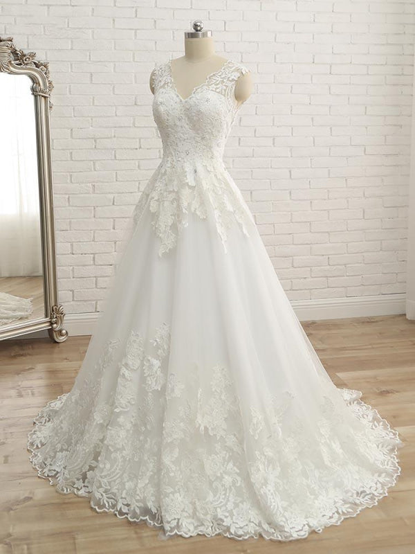 Elegant V-Neck Lace Ball Gown Wedding Dresses Aline
