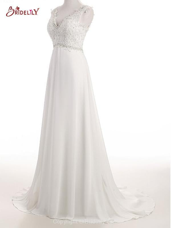 Elegant V Neck Lace Chiffon A-Line Wedding Dresses