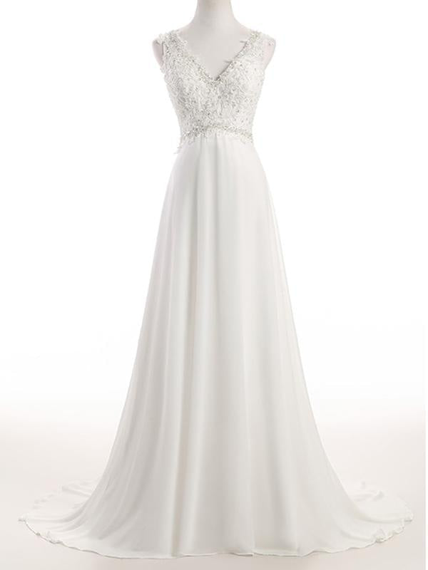 Elegant V Neck Lace Chiffon A-Line Wedding Dresses