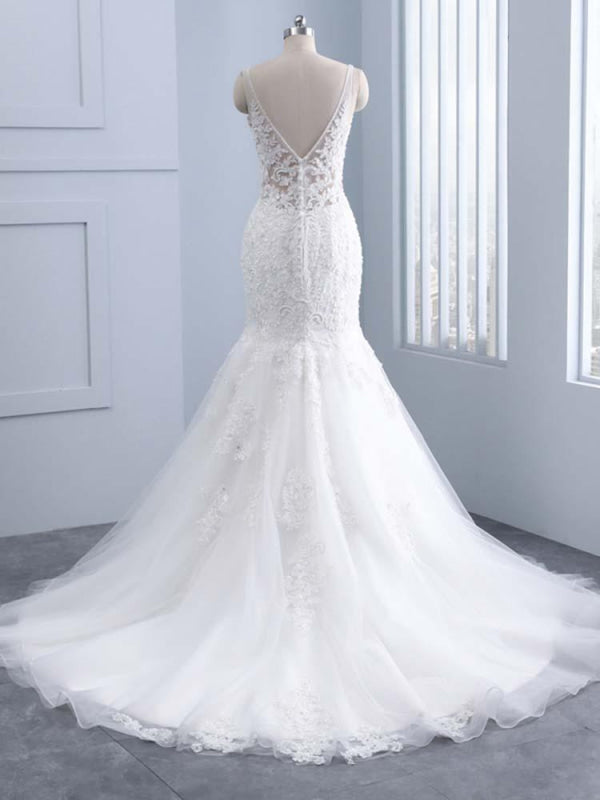 Elegant V-neck Lace Mermaid Wedding Dresses