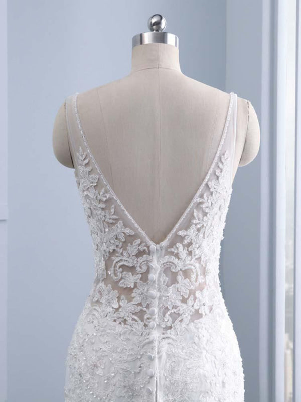 Elegant V-neck Lace Mermaid Wedding Dresses