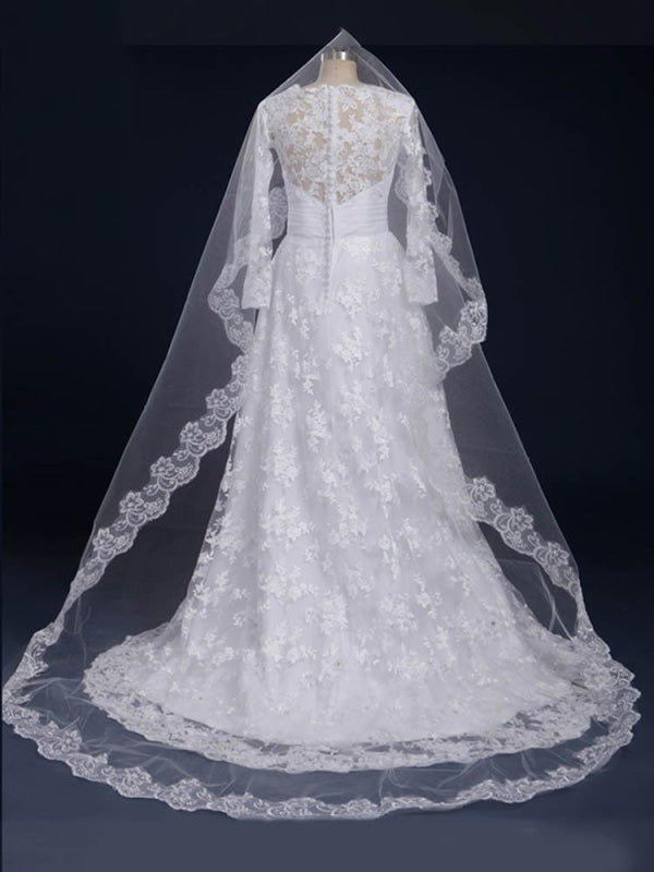 Elegant V-Neck Long Sleeves Covered Button Lace Wedding Dresses