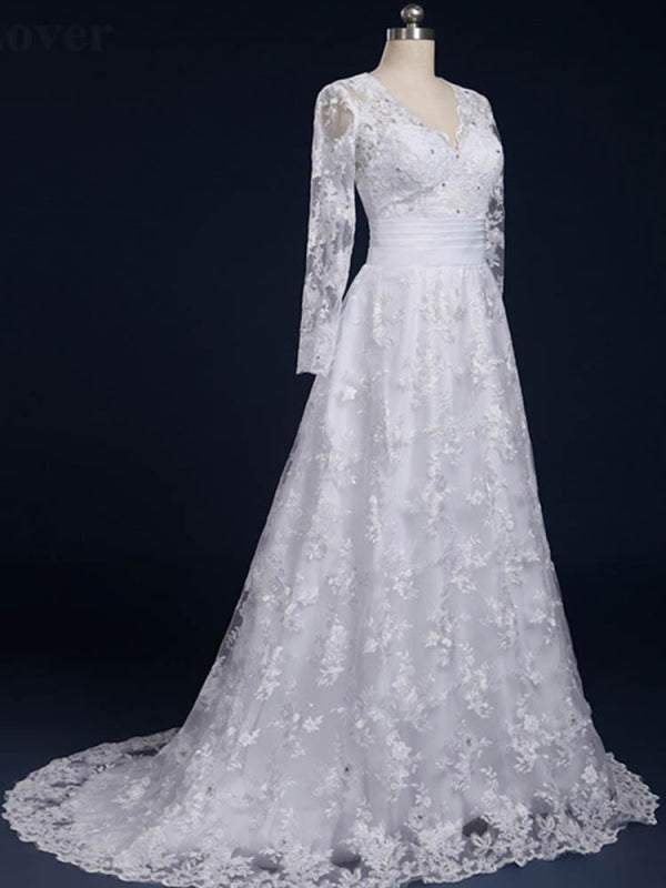 Elegant V-Neck Long Sleeves Covered Button Lace Wedding Dresses