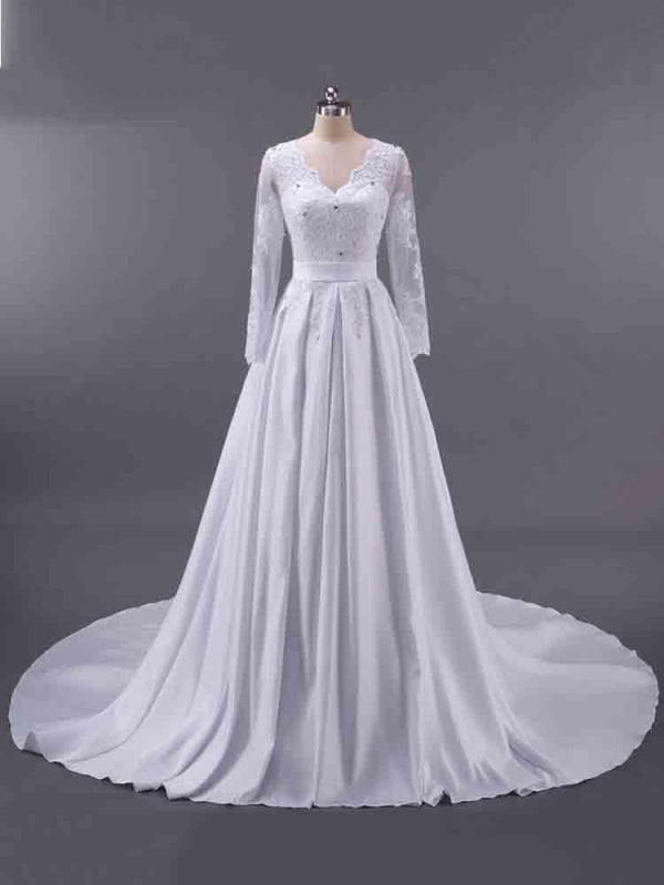 Elegant V-Neck Long Sleeves Lace Ruffles Wedding Dresses