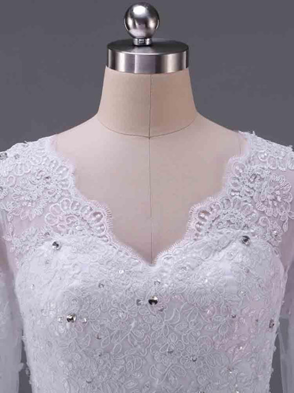 Elegant V-Neck Long Sleeves Lace Ruffles Wedding Dresses
