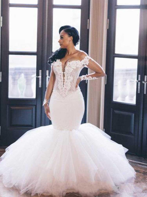 Elegant V-Neck Long Sleeves Mermaid Wedding Dresses