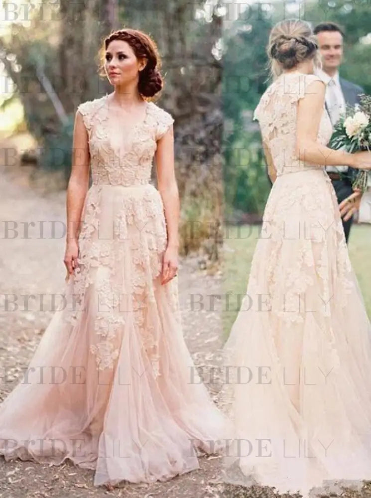 Elegant V-neck Sleeveless Cap Sleeves Lace Wedding Dress Aline