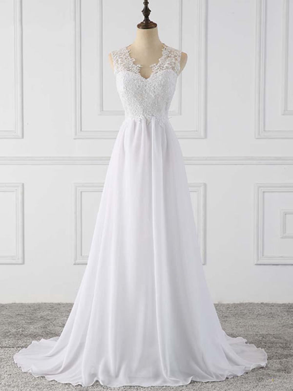 Elegant V-Neck Sleeveless Covered Button Ruffles Wedding Dresses