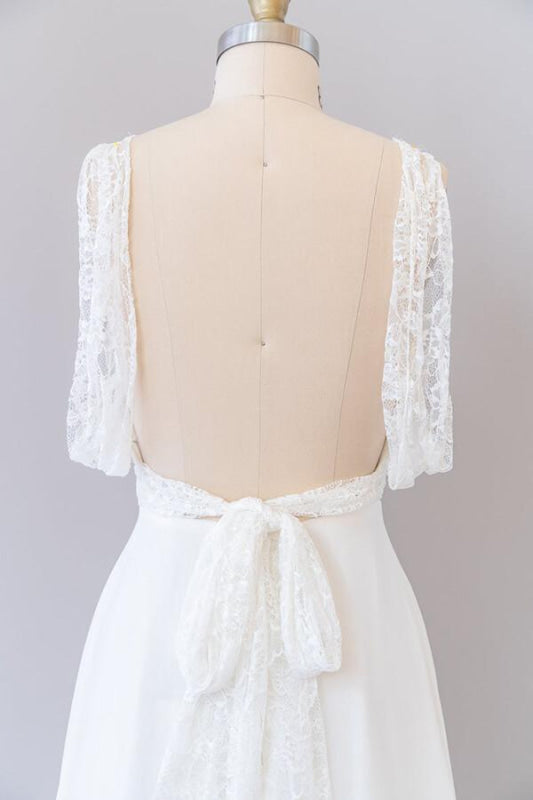 Empire V-neck Lace Chiffon A-line Wedding Dress