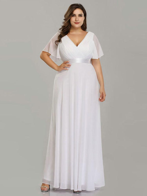 Empire Waist V-neck Half-Sleeves Ruffles Wedding Dresses