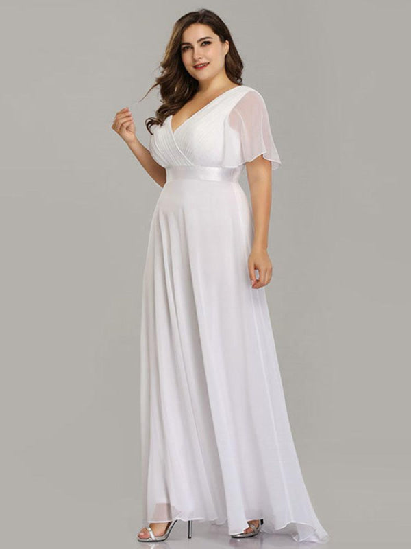 Empire Waist V-neck Half-Sleeves Ruffles Wedding Dresses