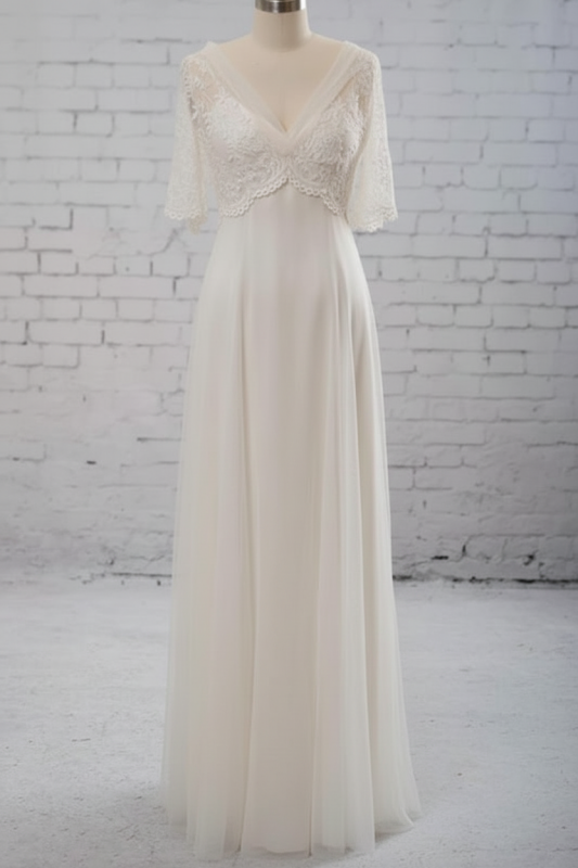 Empire Waist V-neck Tulle A-line Wedding Dress