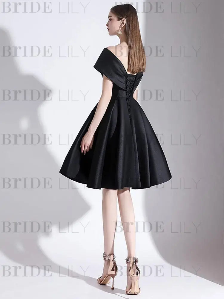 Off-the-Shoulder Knee-Length Evening Dress A-Line V-Neck Pleated Satin Cocktail Dress Little Black Dress
