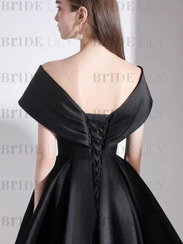Off-the-Shoulder Knee-Length Evening Dress A-Line V-Neck Pleated Satin Cocktail Dress Little Black Dress