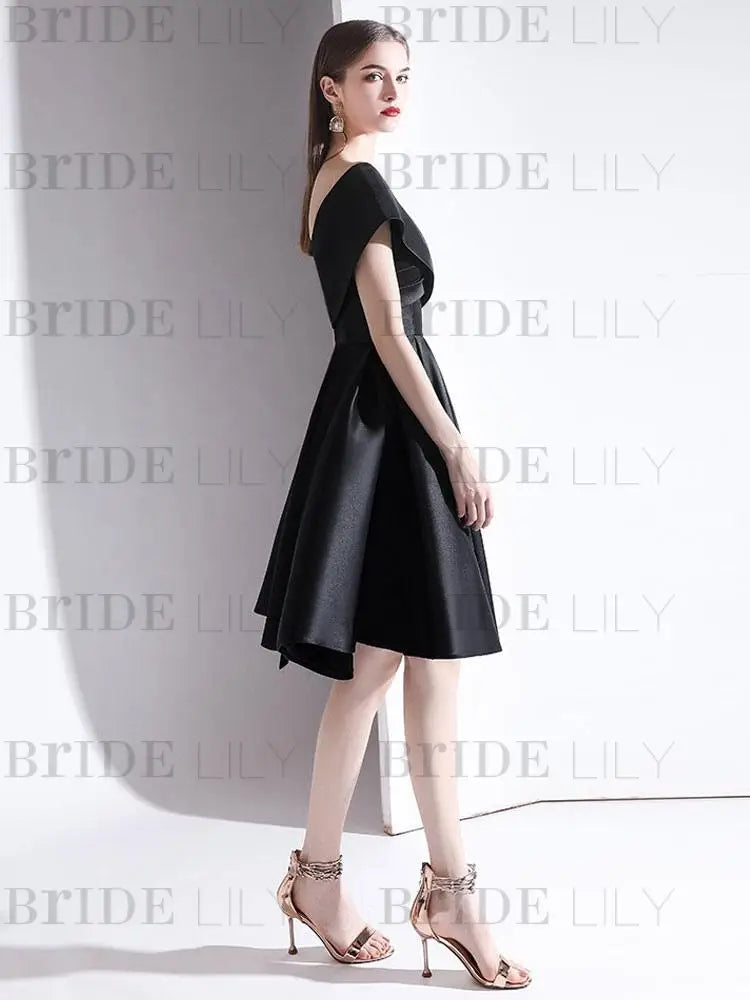 Off-the-Shoulder Knee-Length Evening Dress A-Line V-Neck Pleated Satin Cocktail Dress Little Black Dress