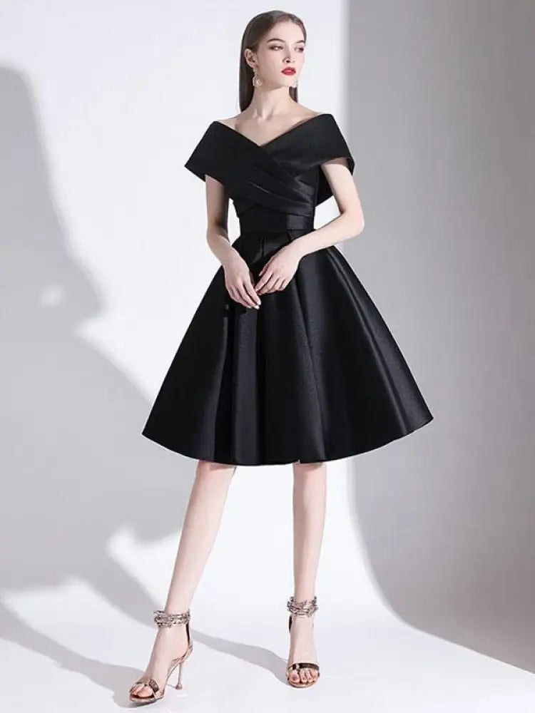Off-the-Shoulder Knee-Length Evening Dress A-Line V-Neck Pleated Satin Cocktail Dress Little Black Dress