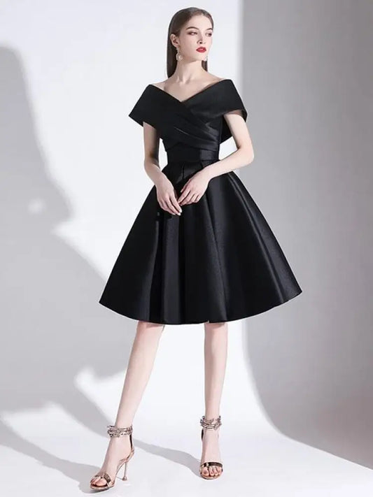 Off-the-Shoulder Knee-Length Evening Dress A-Line V-Neck Pleated Satin Cocktail Dress Little Black Dress