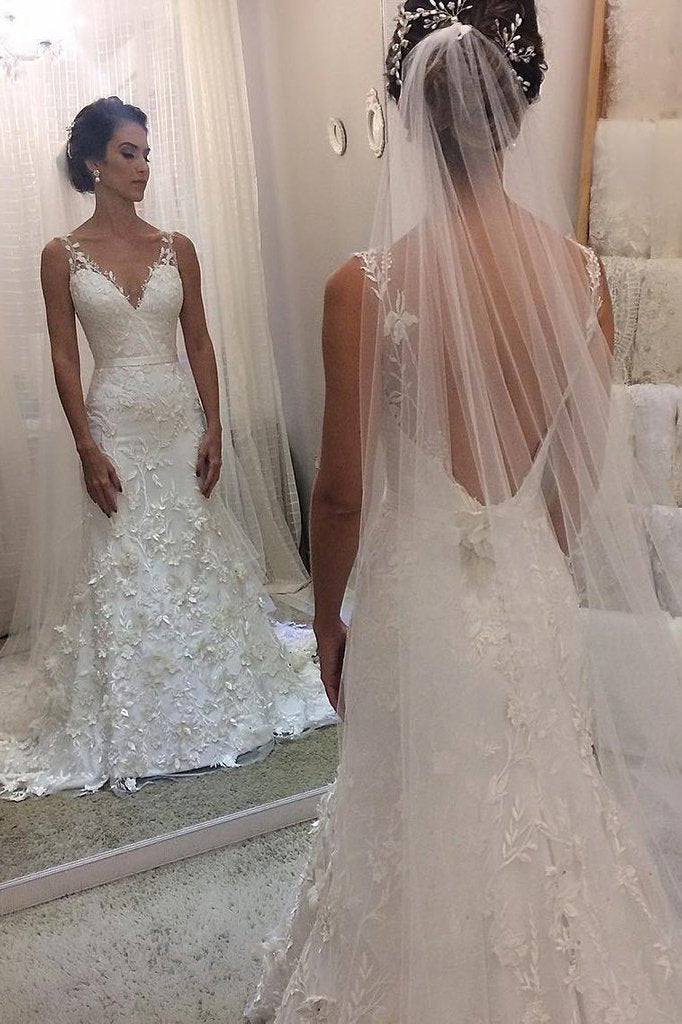 Ivory V Neck Sheath Sleeveless Backless Charming Lace Wedding Dress