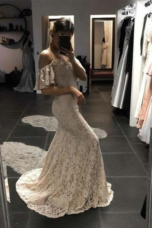 Excellent Elegant Eye-catching Ivory Mermaid Spaghetti Straps Open Back Prom Lace Wedding Dress