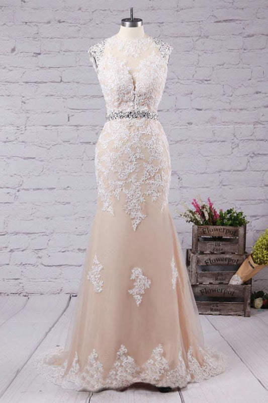 Excellent Graceful Amazing Sweep Train Open Back Tulle Prom with Appliques Mermaid Wedding Dress