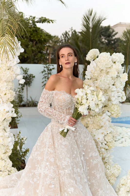 Exquisite Off-the-Shoulder Lace Aline Wedding Dress Long Sleeves