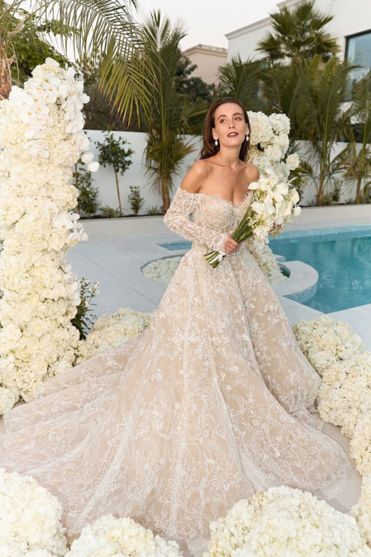 Exquisite Off-the-Shoulder Lace Aline Wedding Dress Long Sleeves