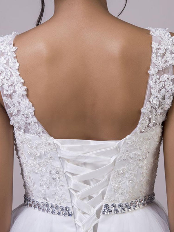 Fancy V-Neck Lace Up Sleeveless A Line Wedding Dresses