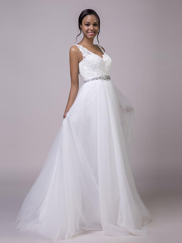 Fancy V-Neck Lace Up Sleeveless A Line Wedding Dresses