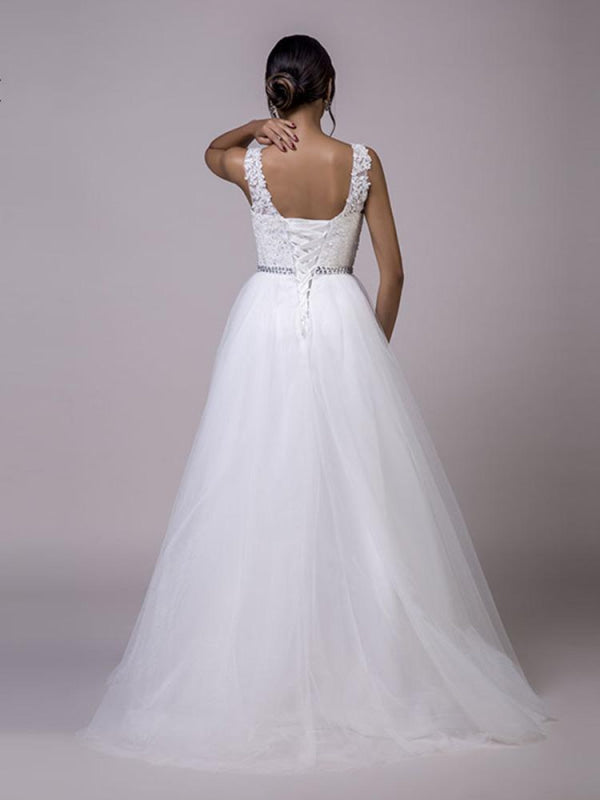 Fancy V-Neck Lace Up Sleeveless A Line Wedding Dresses